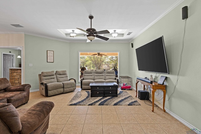 tiled living room featuring ceiling fan and ornamental molding