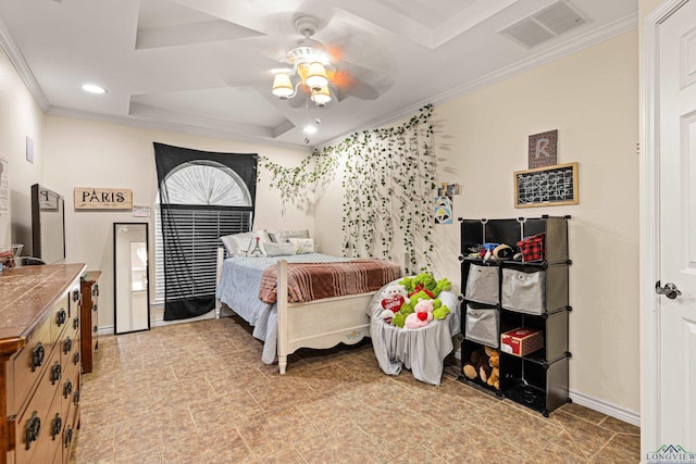 bedroom with ceiling fan, ornamental molding, and a raised ceiling