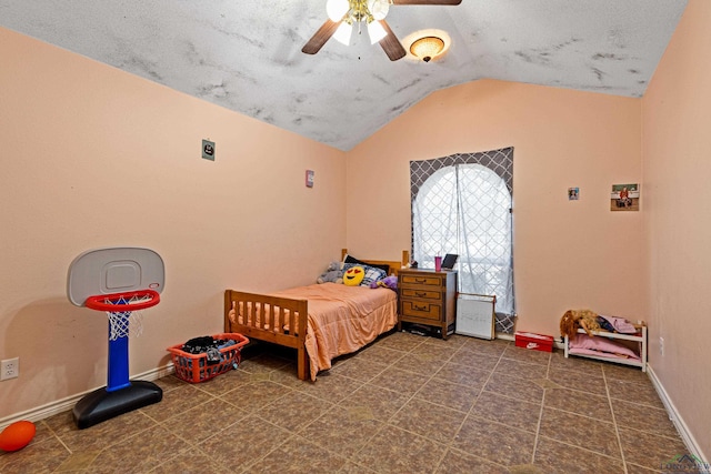 bedroom featuring lofted ceiling and ceiling fan