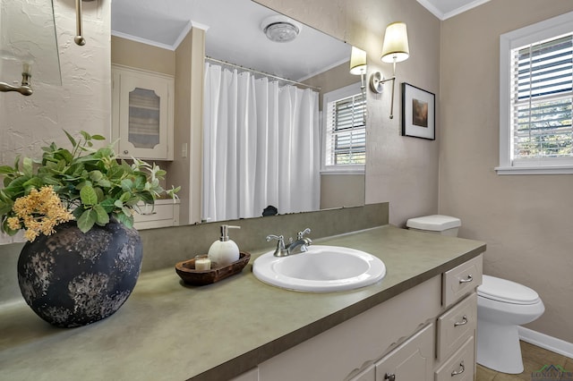 bathroom featuring vanity, toilet, and ornamental molding