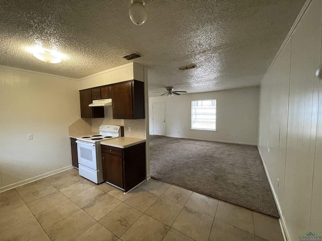 kitchen with light carpet, ceiling fan, ornamental molding, white electric range oven, and dark brown cabinets