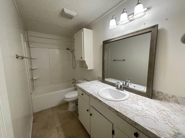 full bathroom with vanity, tile patterned floors, toilet, a textured ceiling, and tub / shower combination