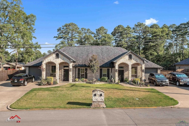 view of front of house featuring a front lawn and a garage