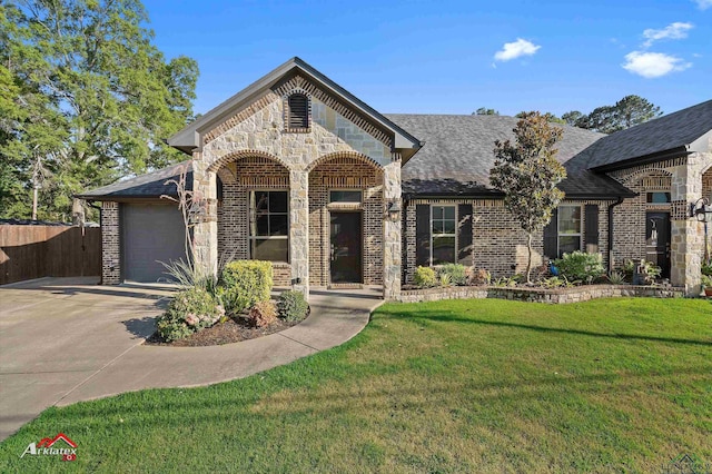 view of front of property featuring a garage and a front lawn