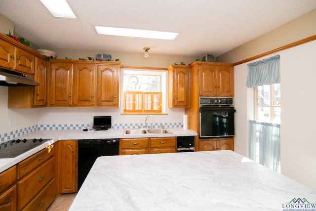 kitchen with sink, a skylight, tasteful backsplash, and black appliances