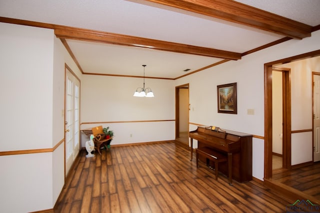 interior space with crown molding, beamed ceiling, dark wood-type flooring, and a notable chandelier