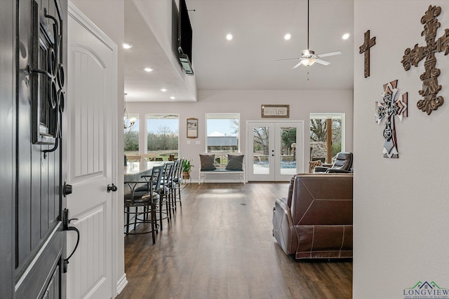 foyer featuring ceiling fan, french doors, and dark hardwood / wood-style floors