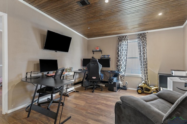 office area with hardwood / wood-style floors, ornamental molding, and wood ceiling