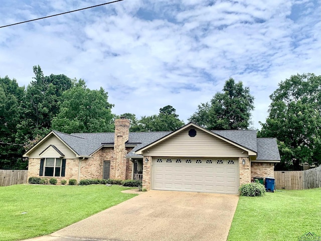 4401 Leland St, Marshall, TX 75672 - ranch-style house with concrete driveway, brick siding, an attached garage, a shingled roof, and a chimney