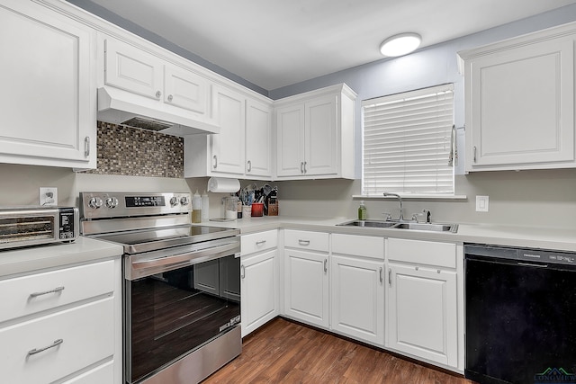 kitchen with stainless steel range with electric cooktop, dishwasher, ventilation hood, a sink, and white cabinets