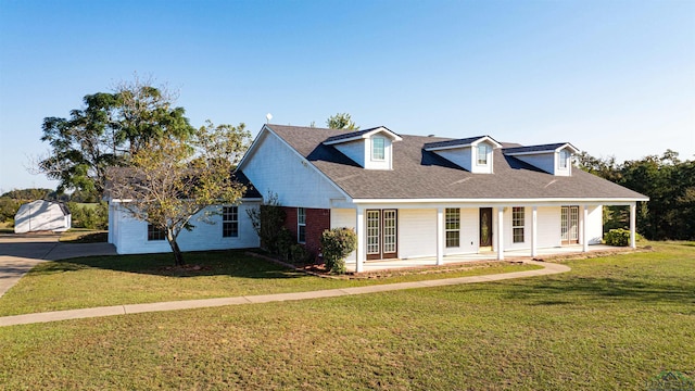 cape cod-style house featuring covered porch and a front lawn