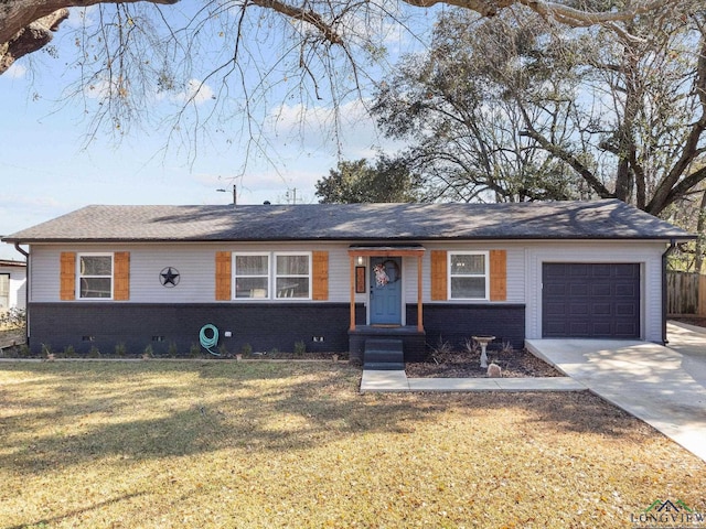 single story home featuring a garage and a front lawn