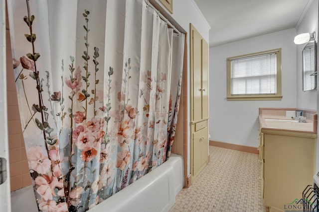 bathroom with vanity and shower / tub combo with curtain