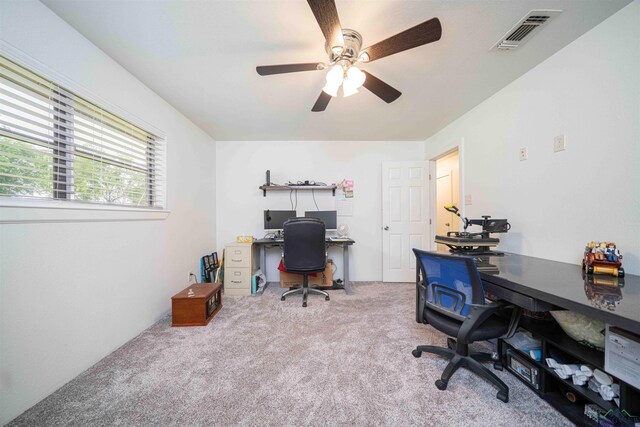 502 Hillcrest, Hughes Springs, TX 75656 - office area featuring ceiling fan, carpet, and visible vents
