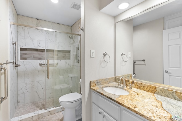 full bathroom with recessed lighting, visible vents, toilet, vanity, and a marble finish shower