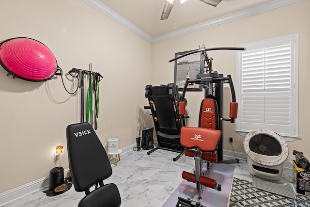 exercise area with ceiling fan and ornamental molding