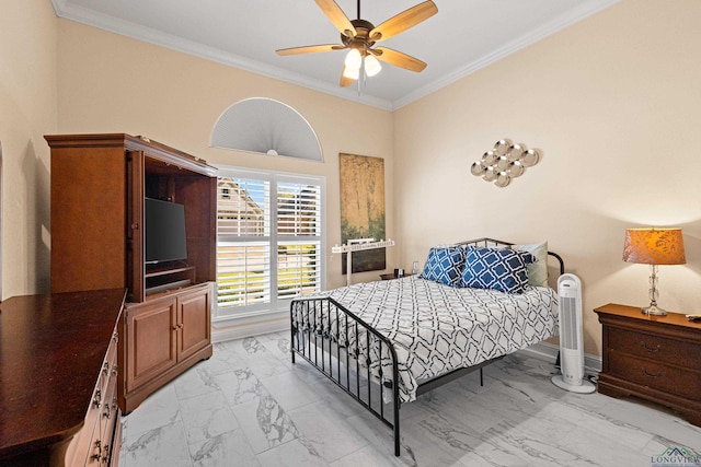 bedroom with ceiling fan and crown molding