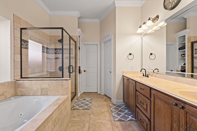 bathroom with tile patterned floors, vanity, ornamental molding, and shower with separate bathtub