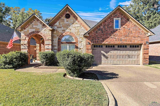 view of front facade with a garage and a front lawn