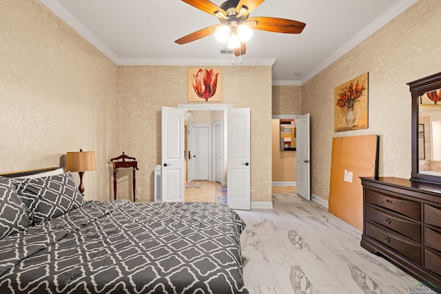 bedroom with ceiling fan and crown molding