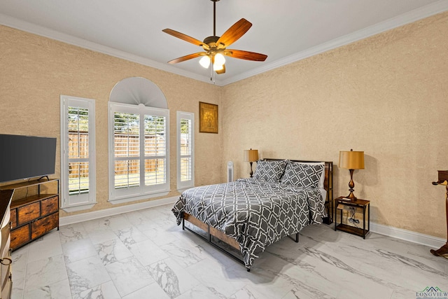 bedroom with ceiling fan and ornamental molding