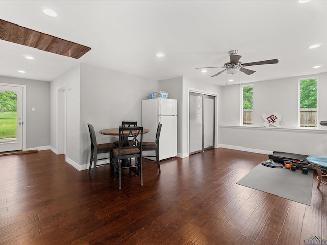 dining room with ceiling fan and dark wood-type flooring