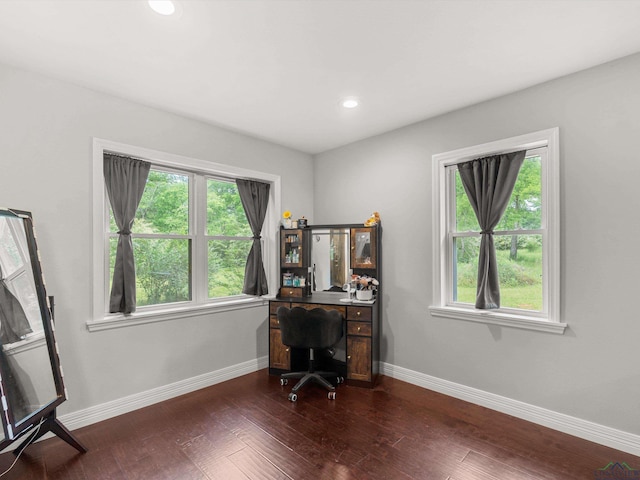 home office featuring dark hardwood / wood-style floors