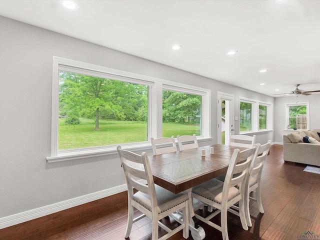 dining area featuring dark hardwood / wood-style flooring, a wealth of natural light, and ceiling fan