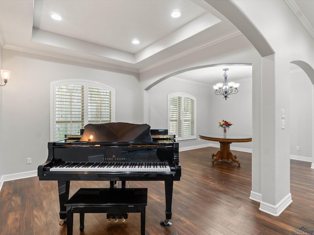 miscellaneous room featuring a raised ceiling, crown molding, and dark hardwood / wood-style floors