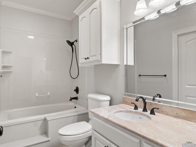 full bathroom with crown molding, shower / tub combination, vanity, and toilet