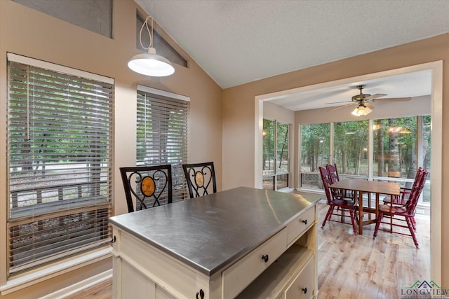 kitchen with stainless steel counters, ceiling fan, a textured ceiling, lofted ceiling, and light wood-type flooring