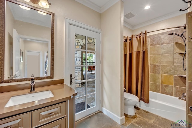 bathroom featuring crown molding, toilet, shower / tub combo, vanity, and baseboards