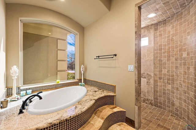 bathroom with shower with separate bathtub and a wealth of natural light