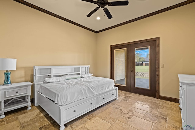 bedroom featuring access to exterior, french doors, ceiling fan, and crown molding