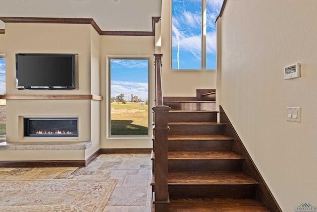 stairway featuring ornamental molding