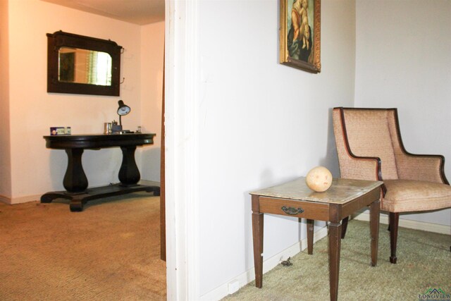 sitting room featuring light colored carpet