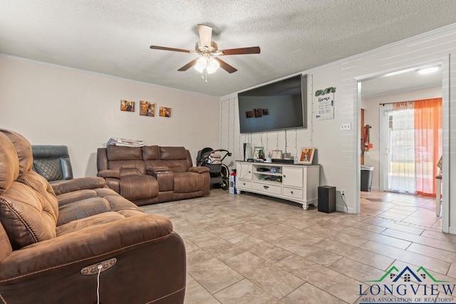 living area with ceiling fan, ornamental molding, and a textured ceiling