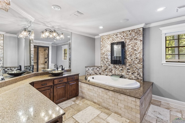 bathroom with a relaxing tiled tub, crown molding, and vanity