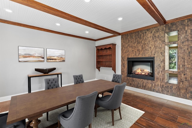 home office featuring a fireplace and beamed ceiling