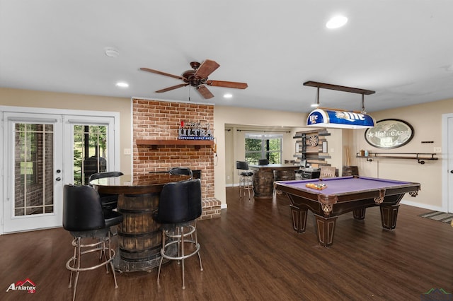 3718 Ben Hogan Dr, Longview, TX 75605 - rec room with a dry bar, wood finished floors, billiards, recessed lighting, and ceiling fan