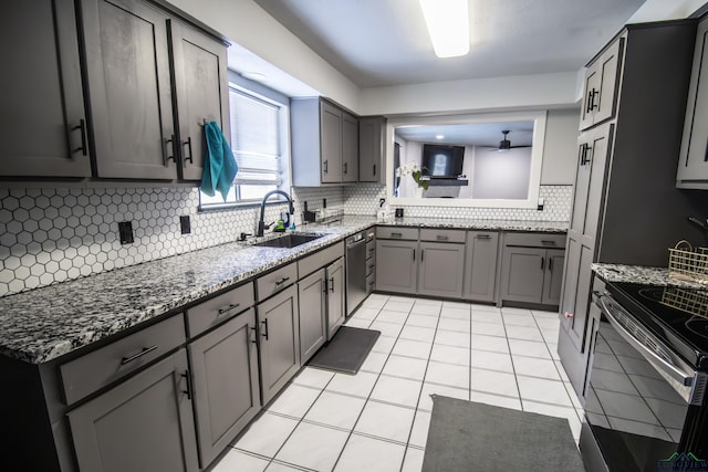 kitchen with backsplash, stainless steel appliances, ceiling fan, sink, and gray cabinets