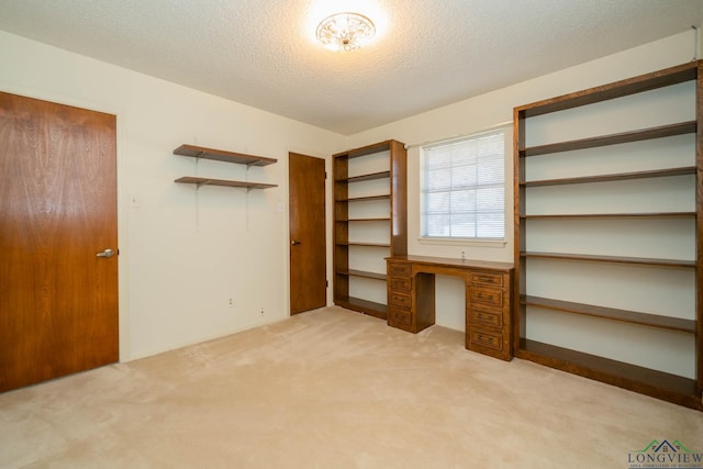 unfurnished bedroom with a textured ceiling and light colored carpet