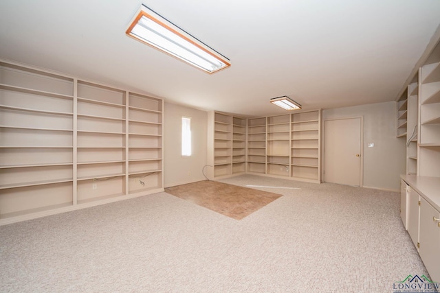 basement featuring light colored carpet