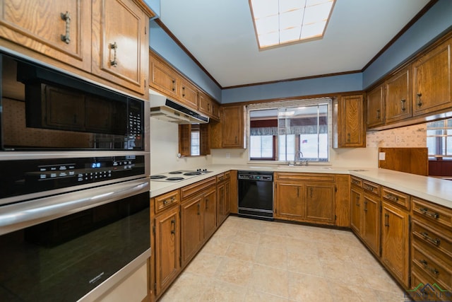 kitchen featuring sink, black appliances, and ornamental molding