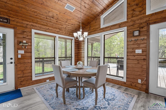 dining area featuring wood ceiling, high vaulted ceiling, an inviting chandelier, light hardwood / wood-style floors, and wood walls