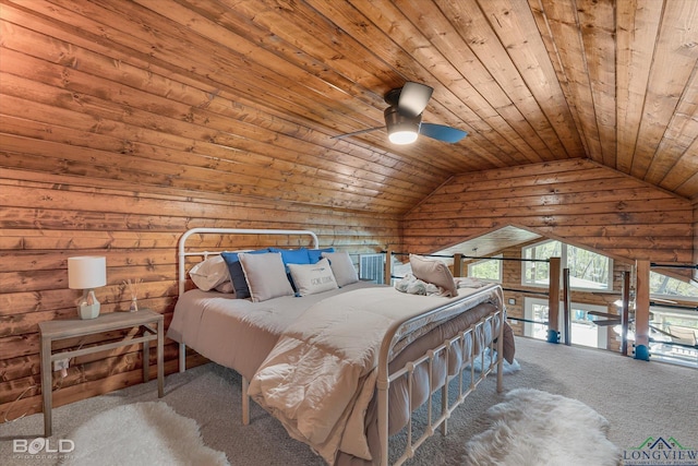 carpeted bedroom with log walls, ceiling fan, lofted ceiling, and wood ceiling