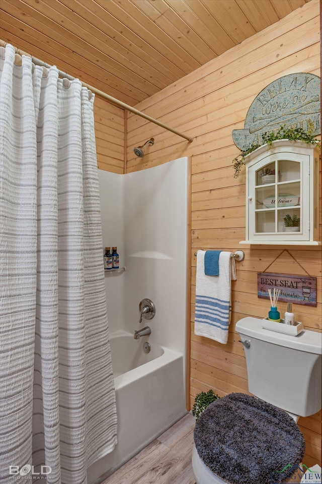 bathroom featuring shower / bath combo, wood-type flooring, wooden ceiling, and wooden walls