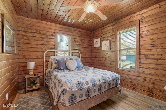 bedroom featuring hardwood / wood-style flooring, ceiling fan, wood ceiling, and multiple windows