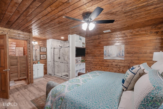 bedroom featuring ceiling fan, light hardwood / wood-style flooring, wooden ceiling, connected bathroom, and wood walls