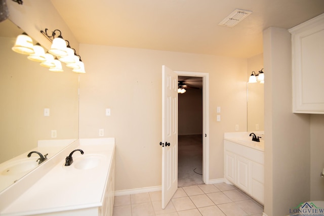 bathroom with tile patterned floors, ceiling fan, and vanity